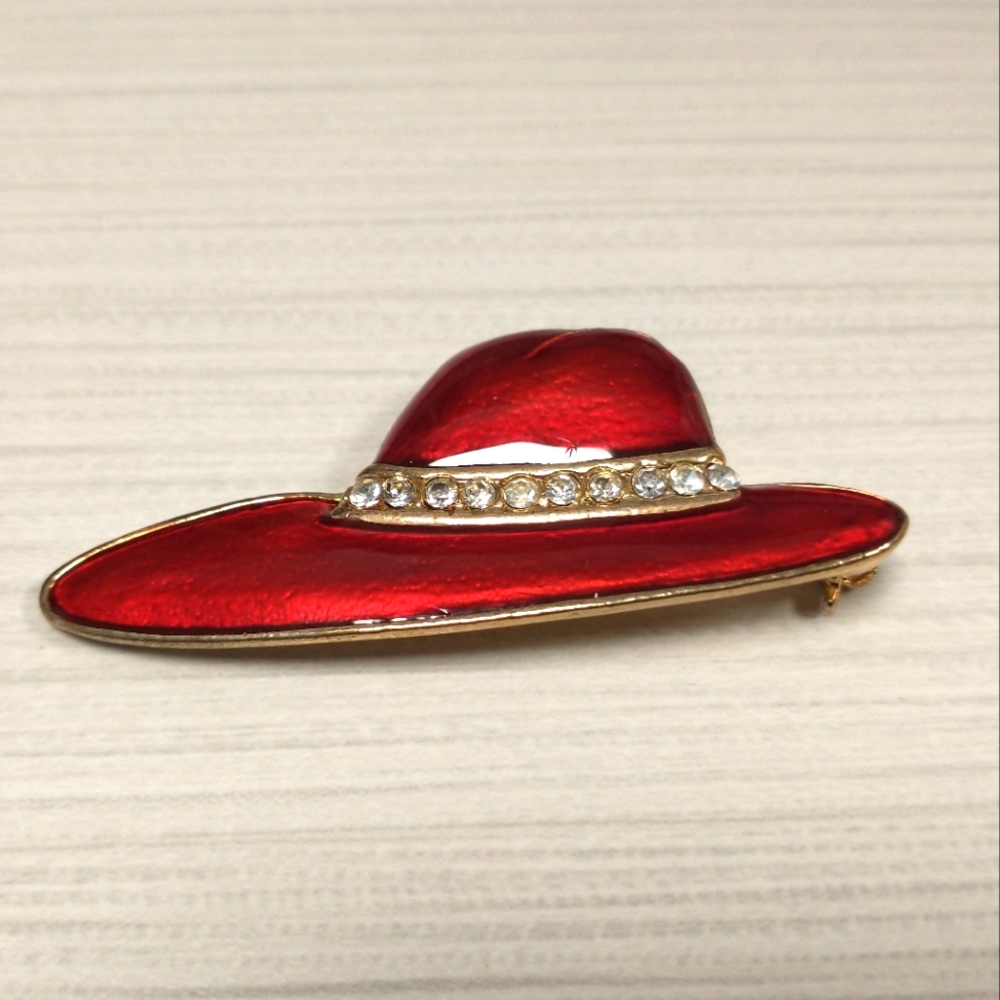 Red Hat Society Retro Hat Shaped‎ Enamel Gold Plates Brooch Vintage Jewelry Pin